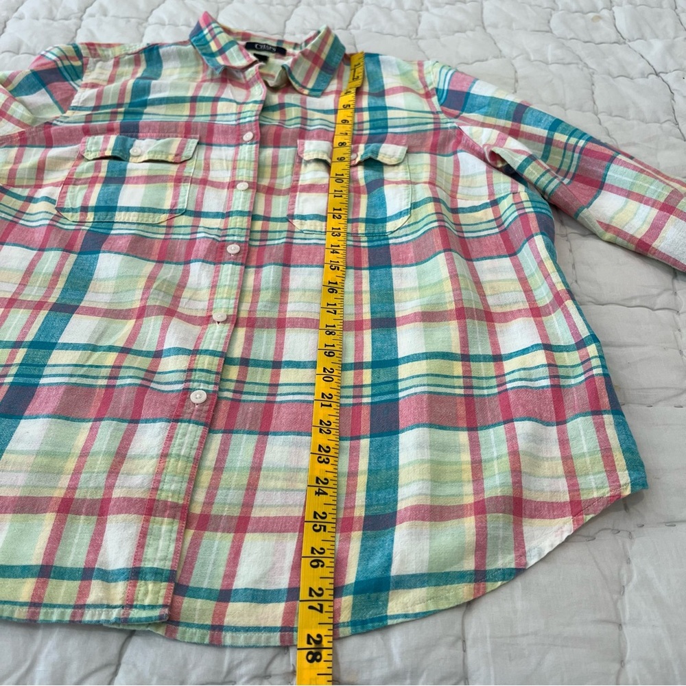 Chaps Womens Linen Blend Button Up Shirt 1X Pink Green Plaid Coastal Preppy - Picture 9 of 11
